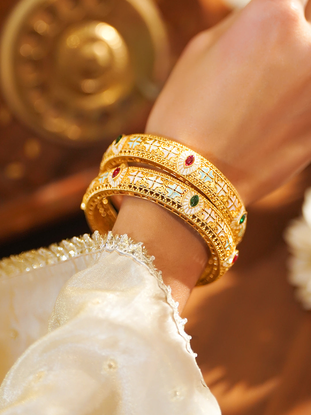Rubans Set of 2 22K Gold-Plated Brass Multicolour Stones & Enamel Embellished Bangles