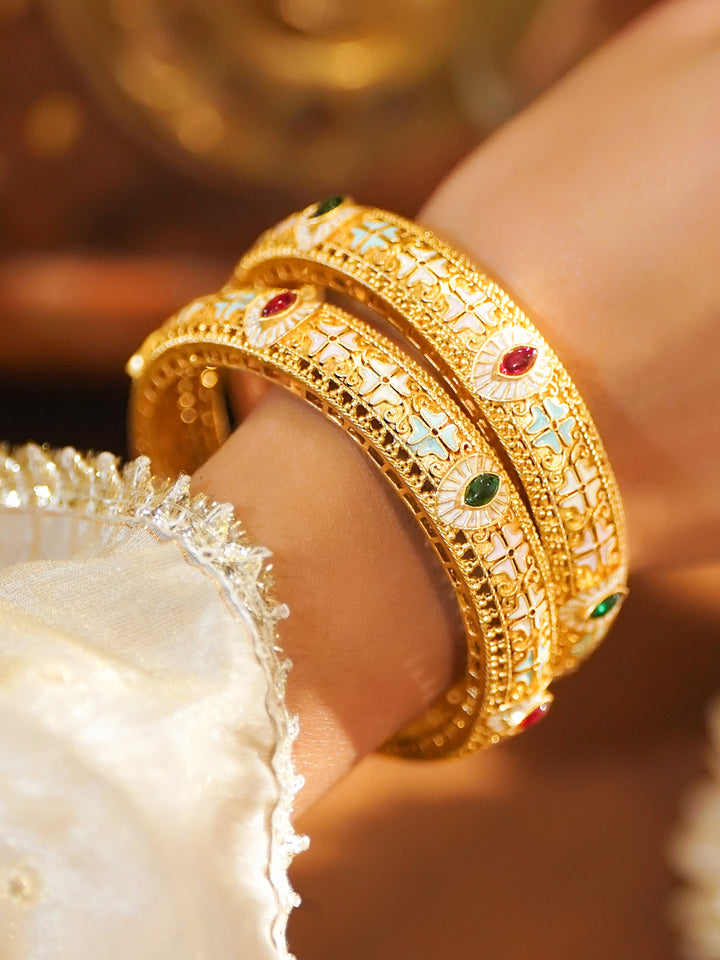 Rubans Set of 2 22K Gold-Plated Brass Multicolour Stones & Enamel Embellished Bangles