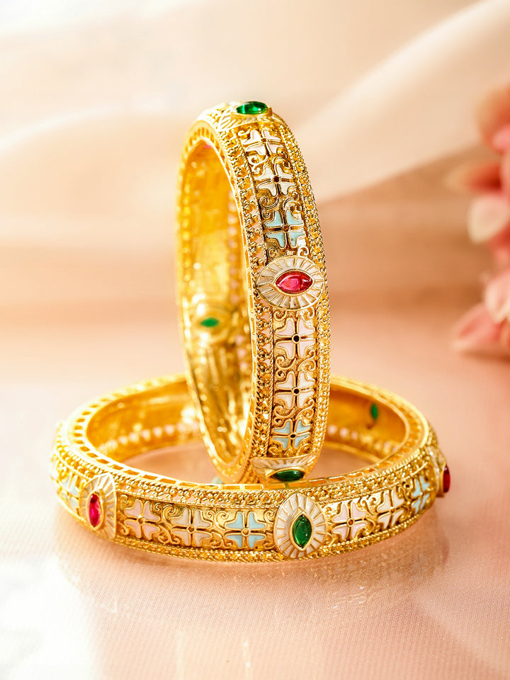 Rubans Set of 2 22K Gold-Plated Brass Multicolour Stones & Enamel Embellished Bangles