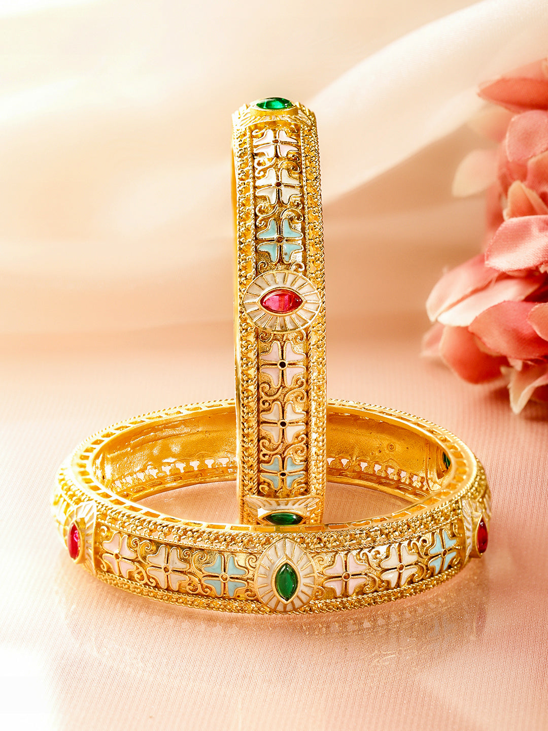 Rubans Set of 2 22K Gold-Plated Brass Multicolour Stones & Enamel Embellished Bangles