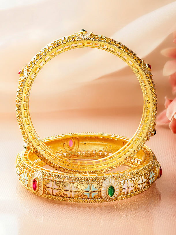 Rubans Set of 2 22K Gold-Plated Brass Multicolour Stones & Enamel Embellished Bangles
