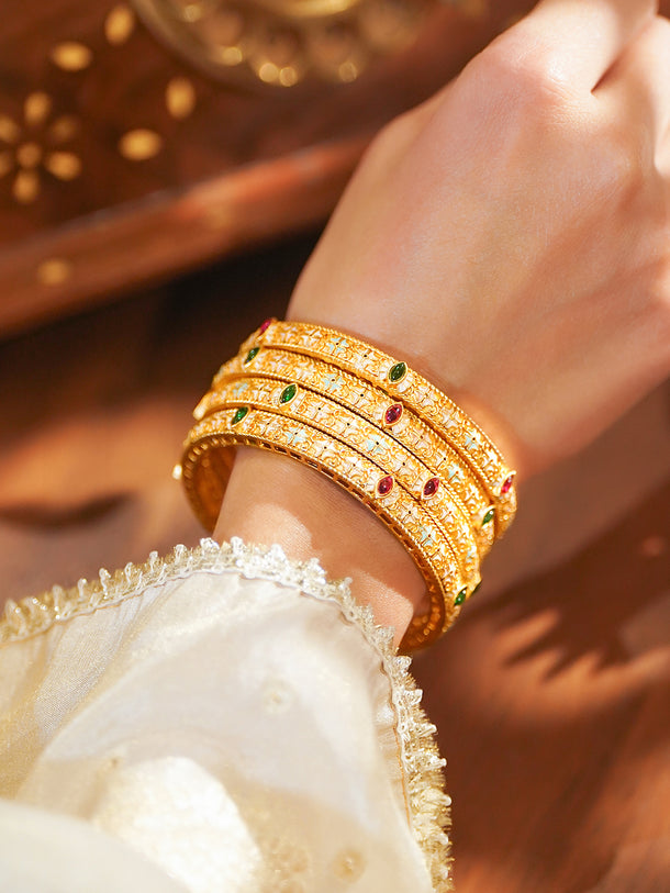 Set of 4 18K Gold-Plated Brass Multicolor Stones with Pastel Enamel Bangles