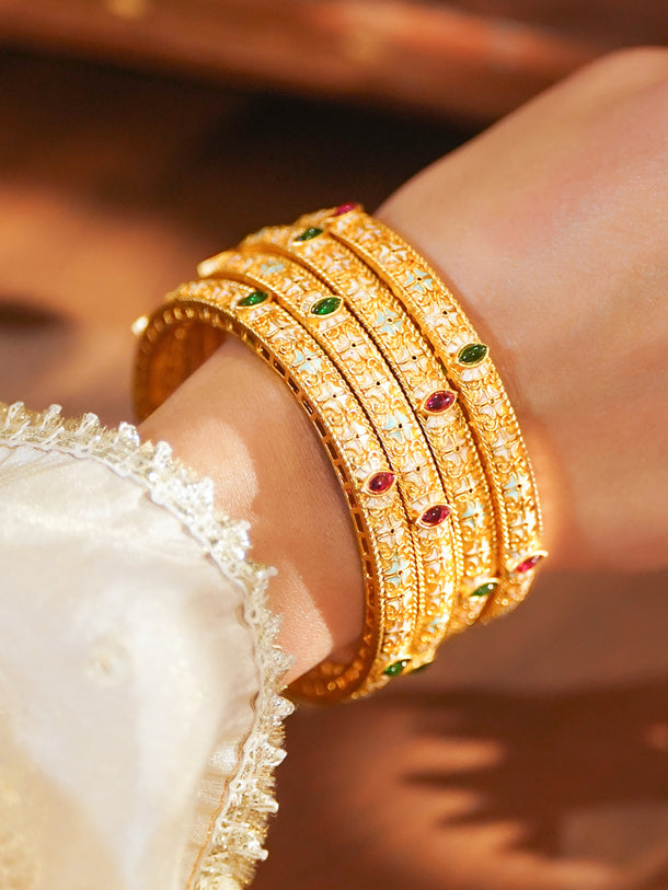 Set of 4 18K Gold-Plated Brass Multicolor Stones with Pastel Enamel Bangles