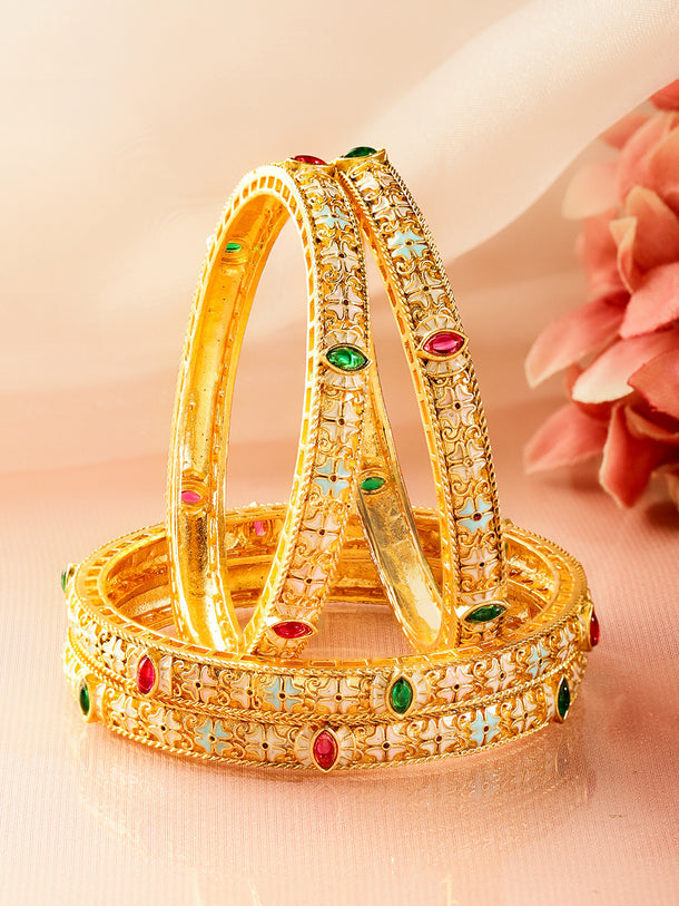 Set of 4 18K Gold-Plated Brass Multicolor Stones with Pastel Enamel Bangles