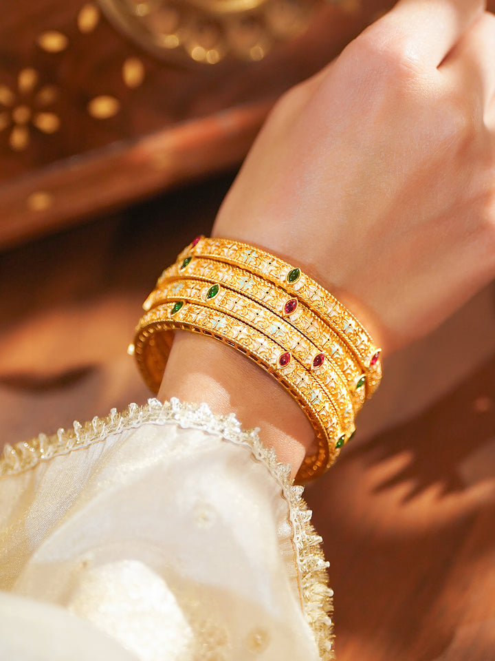 Rubans Set of 4 18K Gold-Plated Brass Multicolor Stones with Pastel Enamel Bangles