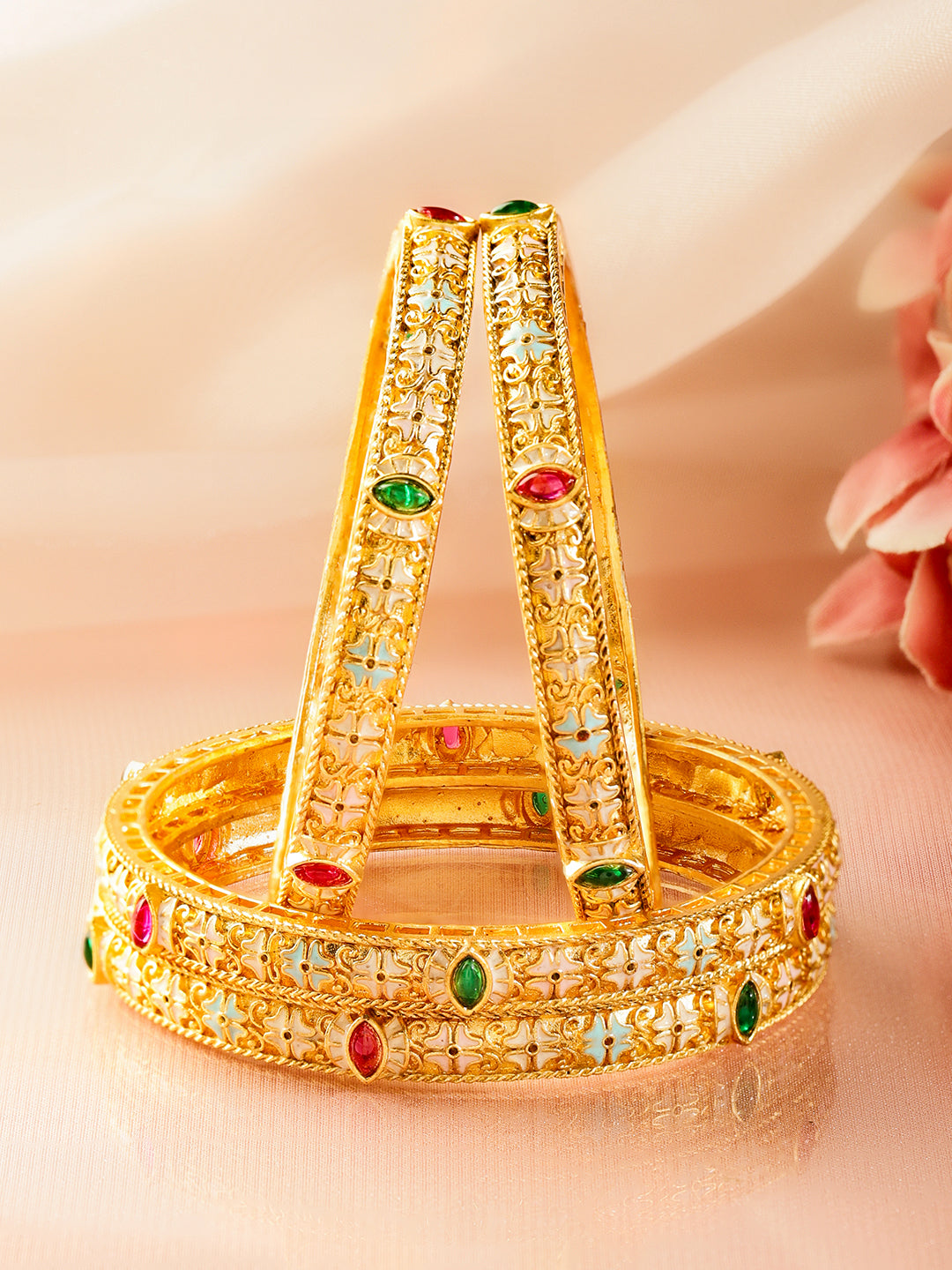 Rubans Set of 4 18K Gold-Plated Brass Multicolor Stones with Pastel Enamel Bangles
