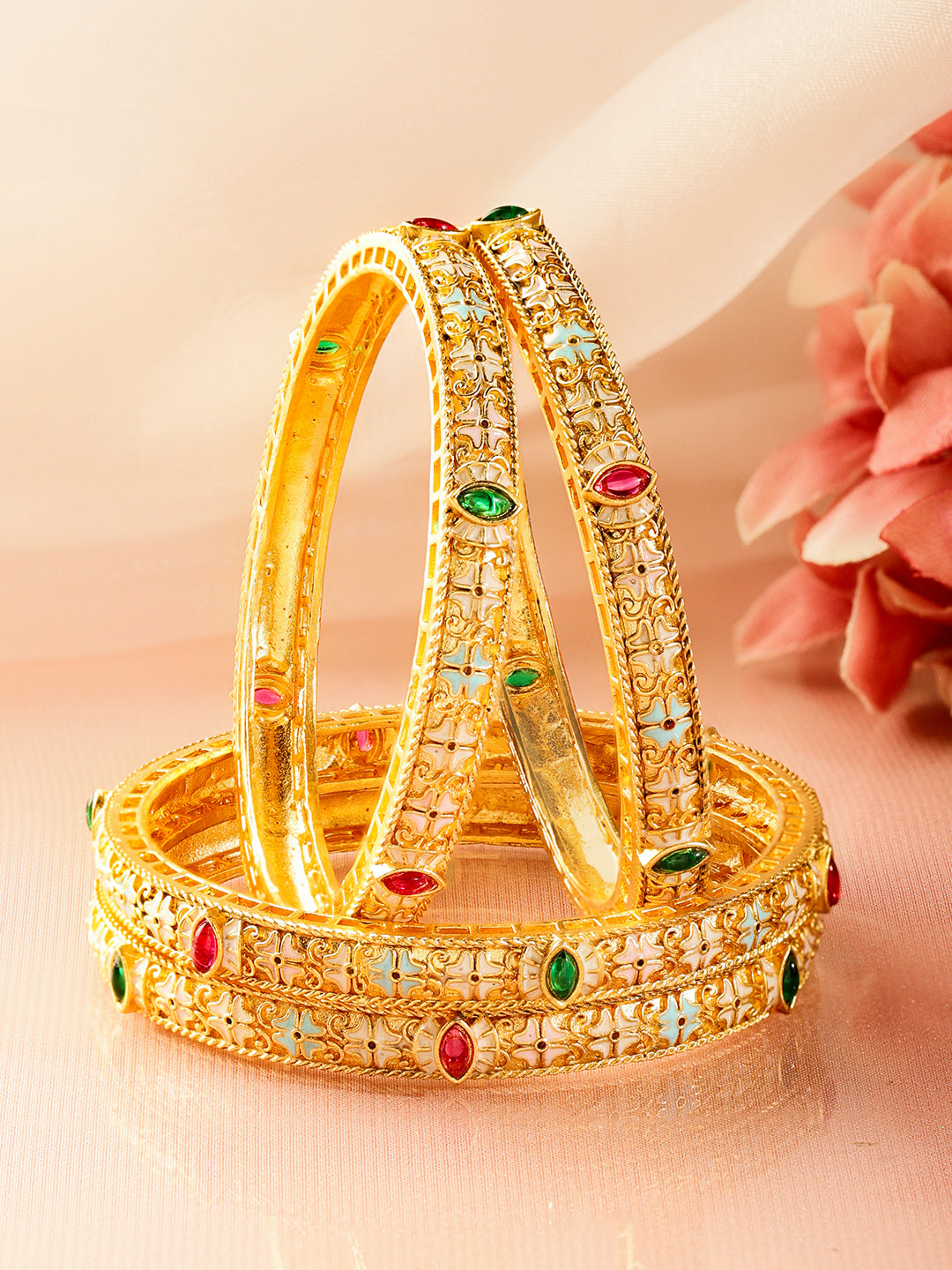 Rubans Set of 4 18K Gold-Plated Brass Multicolor Stones with Pastel Enamel Bangles