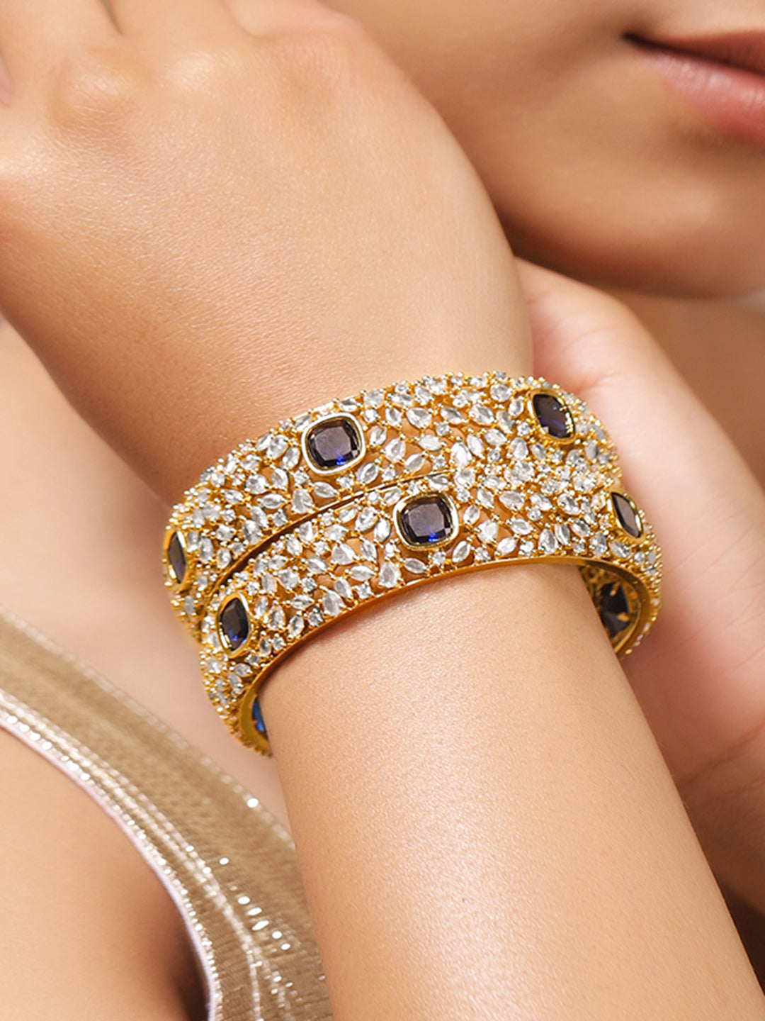 Rubans Set Of 2 18K Gold-Plated American Diamond & Cubic Zirconia Studded Bangles