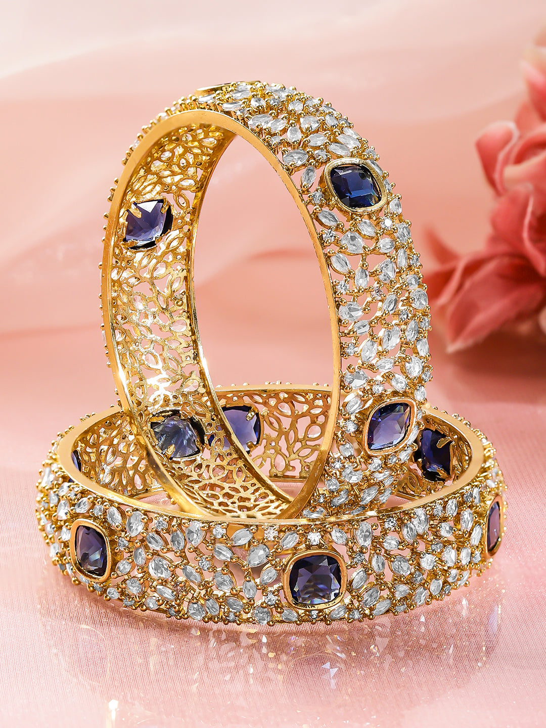 Rubans Set Of 2 18K Gold-Plated American Diamond & Cubic Zirconia Studded Bangles