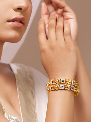 Rubans Set of 2 22K Gold-Plated Brass Ruby Pink, Emerald Green & White CZ Temple Bangles