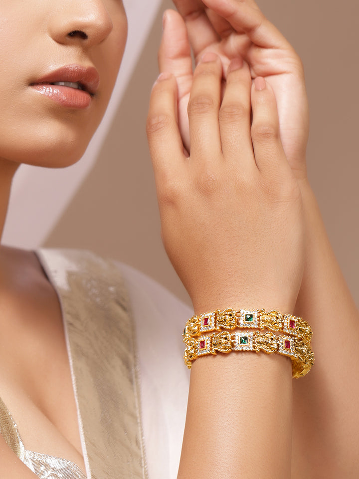 Rubans Set of 2 22K Gold-Plated Brass Ruby Pink, Emerald Green & White CZ Temple Bangles