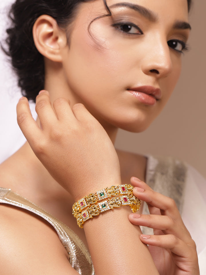 Rubans Set of 2 22K Gold-Plated Brass Ruby Pink, Emerald Green & White CZ Temple Bangles