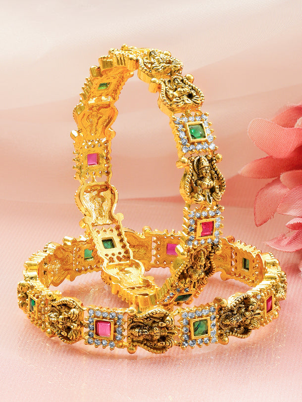 Rubans Set of 2 22K Gold-Plated Brass Ruby Pink, Emerald Green & White CZ Temple Bangles
