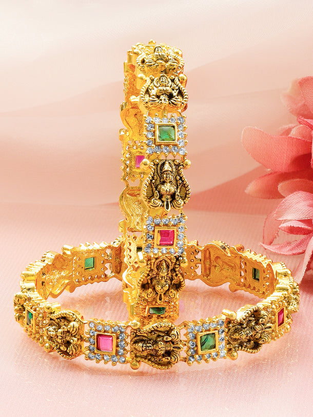Green & Red Studded Temple Bangles Set Of 2