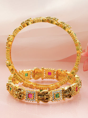 Green & Red Studded Temple Bangles Set Of 2