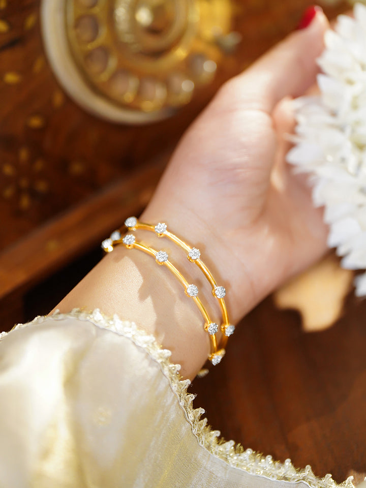 Rubans Set of 2 18K Gold-Plated Brass Bangles with White Cubic Zirconia Floral Design