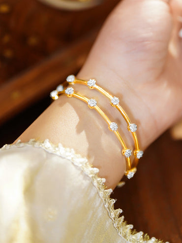 Rubans Set of 2 18K Gold-Plated Brass Bangles with White Cubic Zirconia Floral Design
