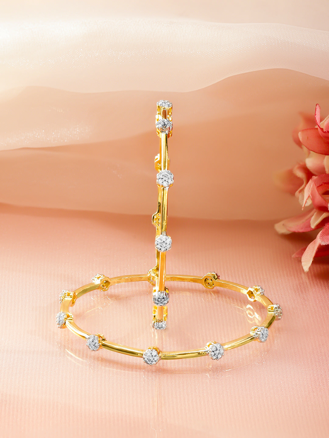 Rubans Set of 2 18K Gold-Plated Brass Bangles with White Cubic Zirconia Floral Design