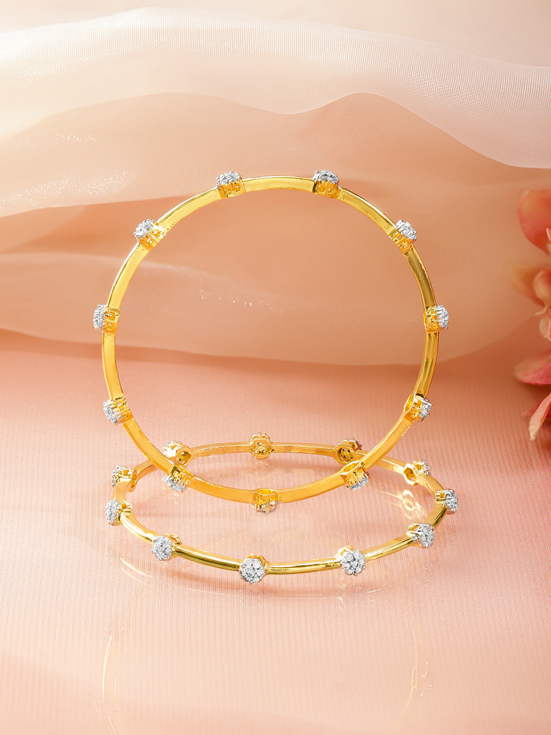 Rubans Set of 2 18K Gold-Plated Brass Bangles with White Cubic Zirconia Floral Design