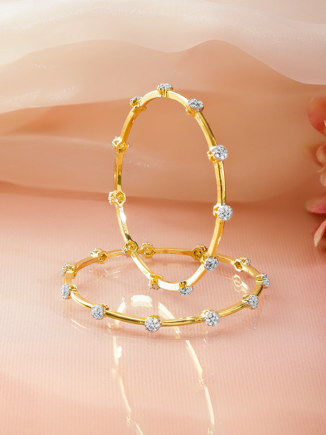 Rubans Set of 2 18K Gold-Plated Brass Bangles with White Cubic Zirconia Floral Design