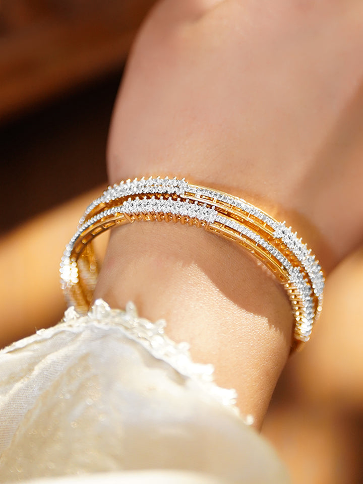Rubans Set of 2 18K Gold-Plated Brass Bangles with Dual-Row Cubic Zirconia Sparkle