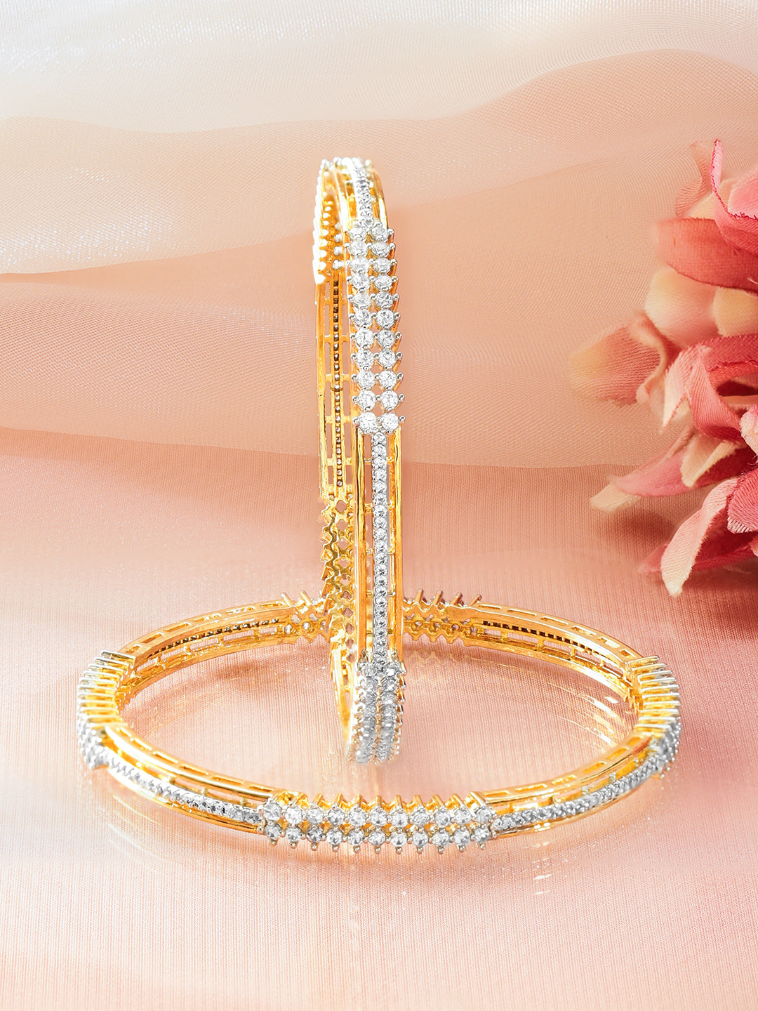 Rubans Set of 2 18K Gold-Plated Brass Bangles with Dual-Row Cubic Zirconia Sparkle