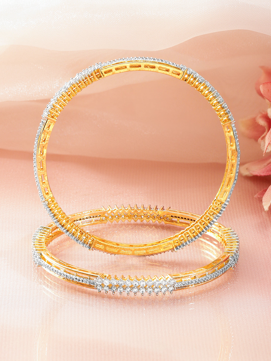 Rubans Set of 2 18K Gold-Plated Brass Bangles with Dual-Row Cubic Zirconia Sparkle