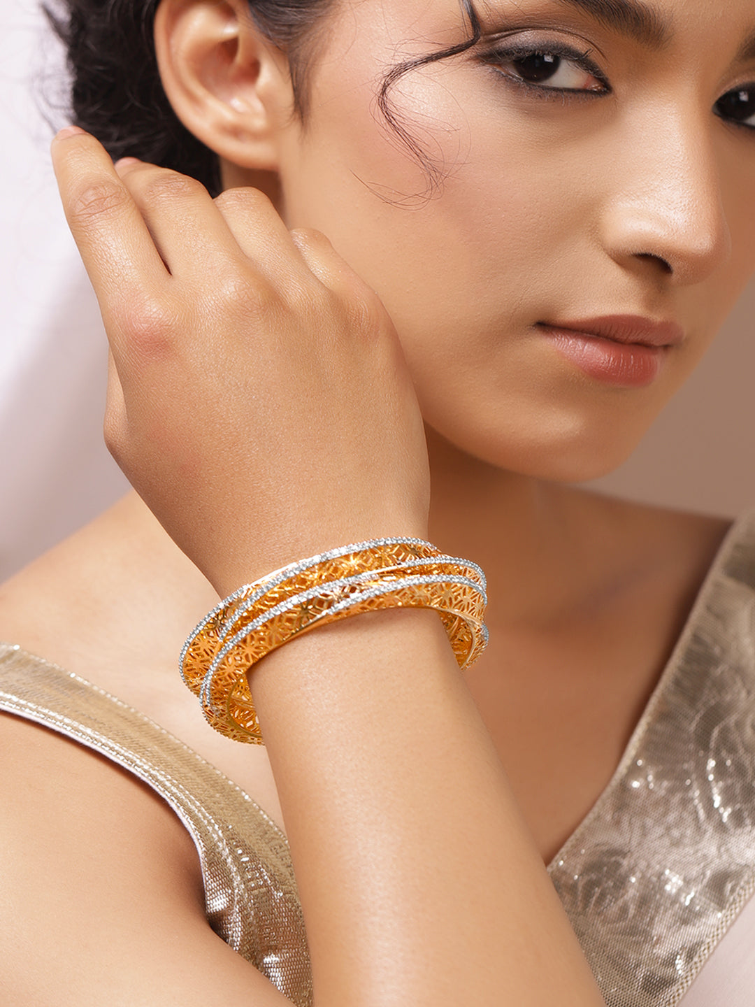 Rubans Set Of 2 18K Gold-Plated Cubic Zirconia-Studded Dual-Tone Bangles