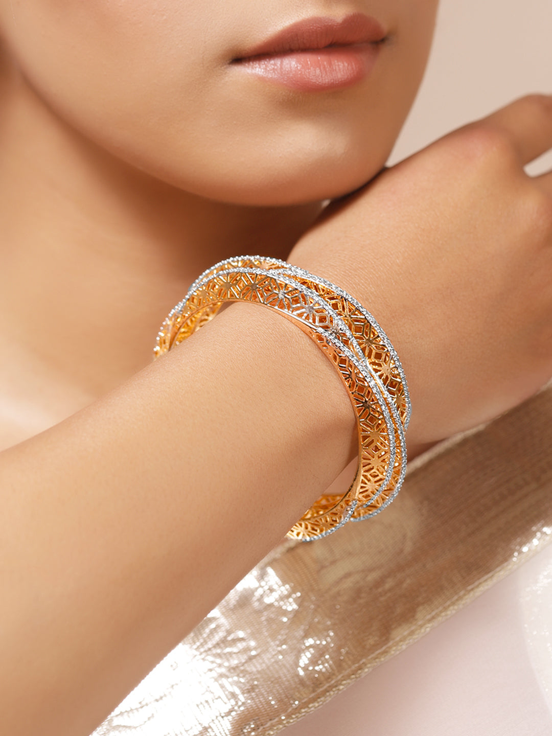 Rubans Set Of 2 18K Gold-Plated Cubic Zirconia-Studded Dual-Tone Bangles