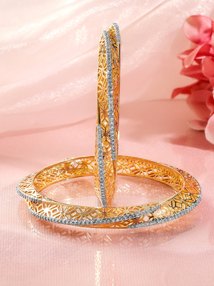 Rubans Set Of 2 18K Gold-Plated Cubic Zirconia-Studded Dual-Tone Bangles