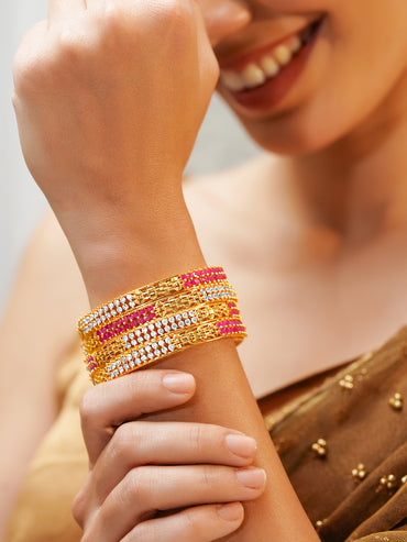 Pink & White Studded Gold Bangles Set of 4