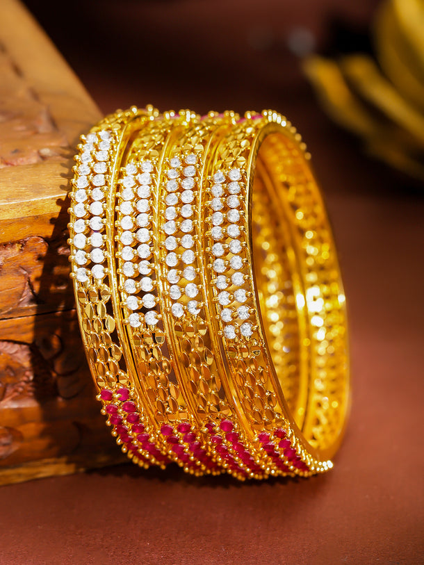 Pink & White Studded Gold Bangles Set of 4