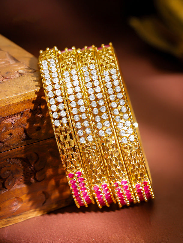 Pink & White Studded Gold Bangles Set of 4