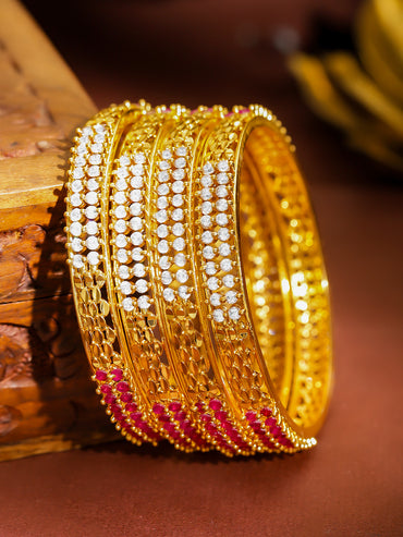 Pink & White Studded Gold Bangles Set of 4