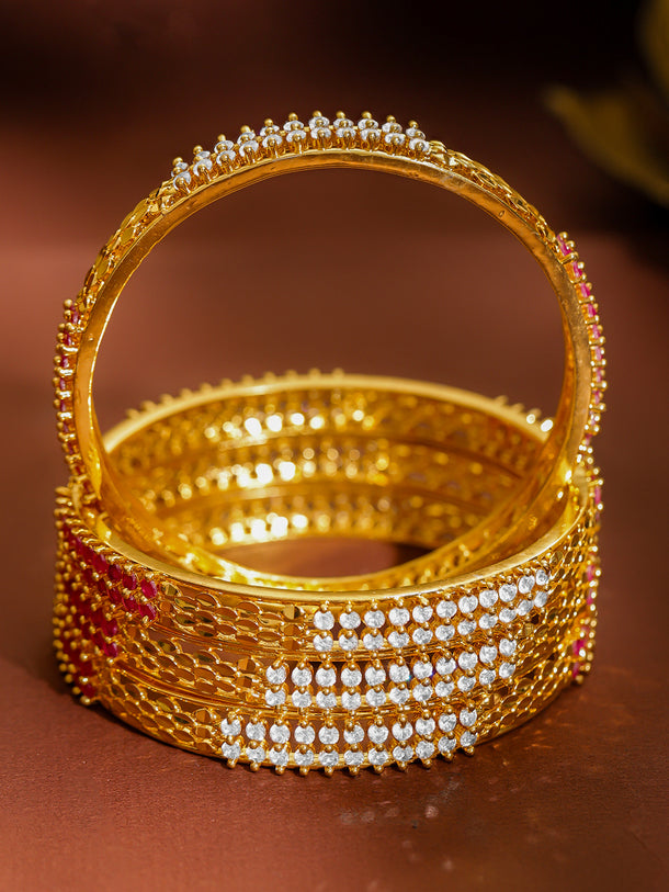 Pink & White Studded Gold Bangles Set of 4