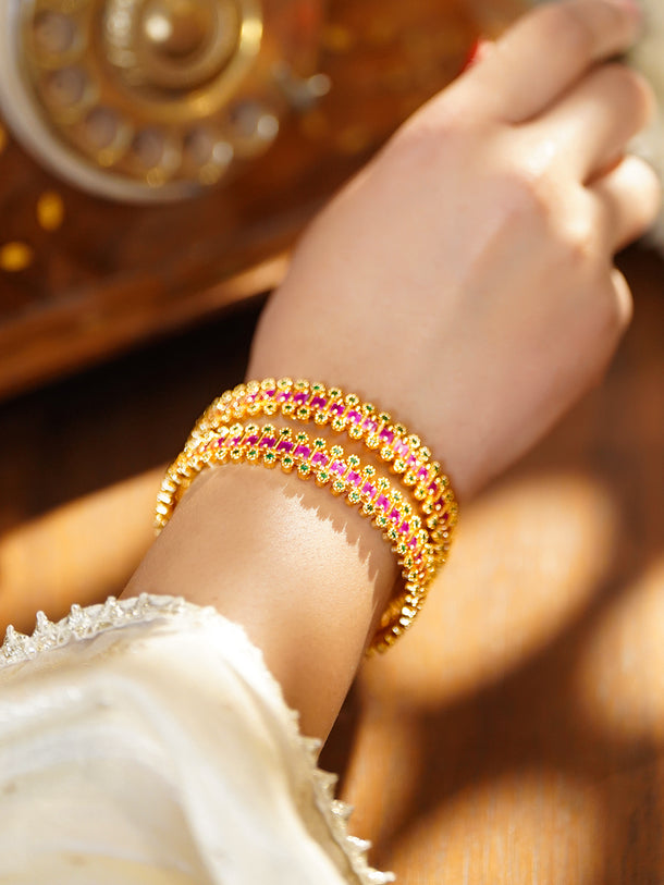 Rubans Set of 2 22K Gold-Plated Brass Ruby Pink & Emerald Green Stones Bangles