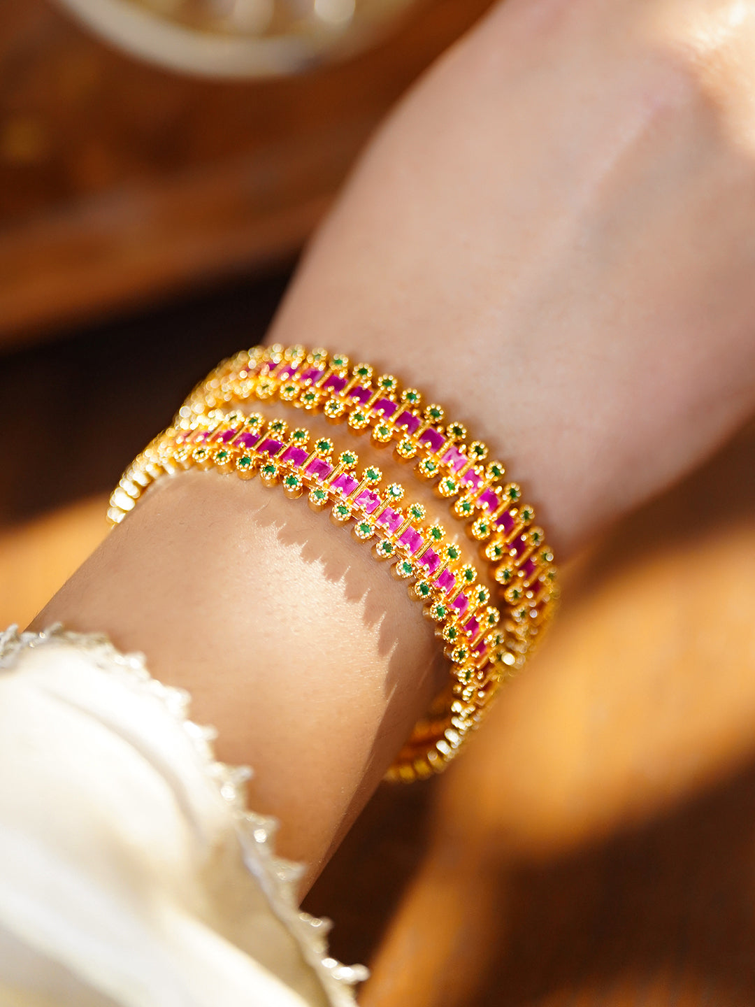 Rubans Set of 2 22K Gold-Plated Brass Ruby Pink & Emerald Green Stones Bangles