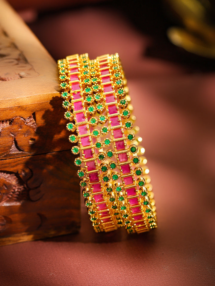 Rubans Set of 2 22K Gold-Plated Brass Ruby Pink & Emerald Green Stones Bangles