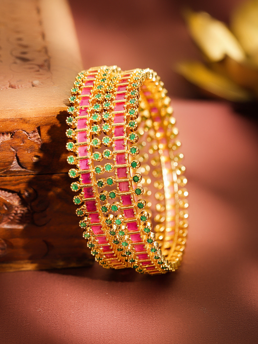 Rubans Set of 2 22K Gold-Plated Brass Ruby Pink & Emerald Green Stones Bangles