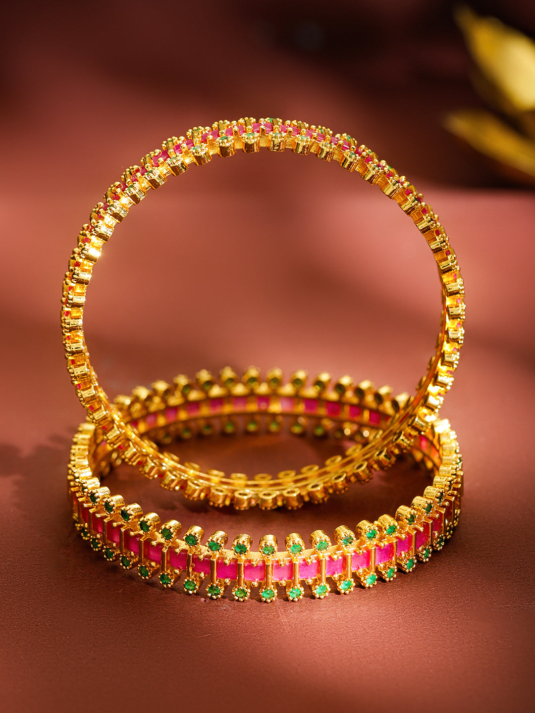 Rubans Set of 2 22K Gold-Plated Brass Ruby Pink & Emerald Green Stones Bangles