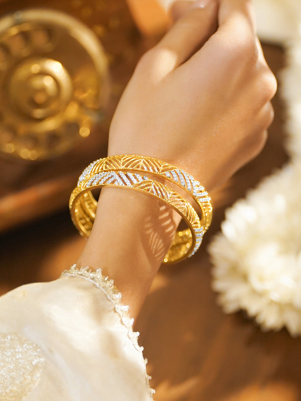 Rubans Set of 2 18K Gold-Plated Brass Cubic Zirconia Studded Cutwork Bangles