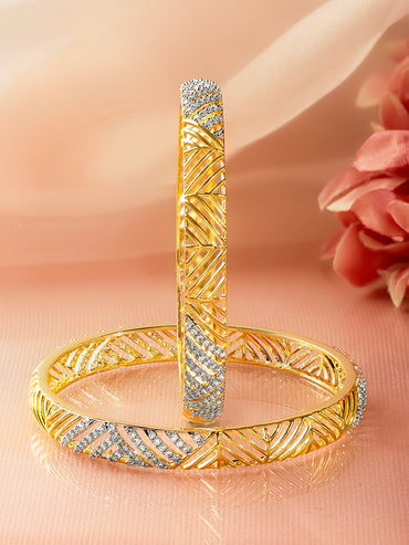 Rubans Set of 2 18K Gold-Plated Brass Cubic Zirconia Studded Cutwork Bangles