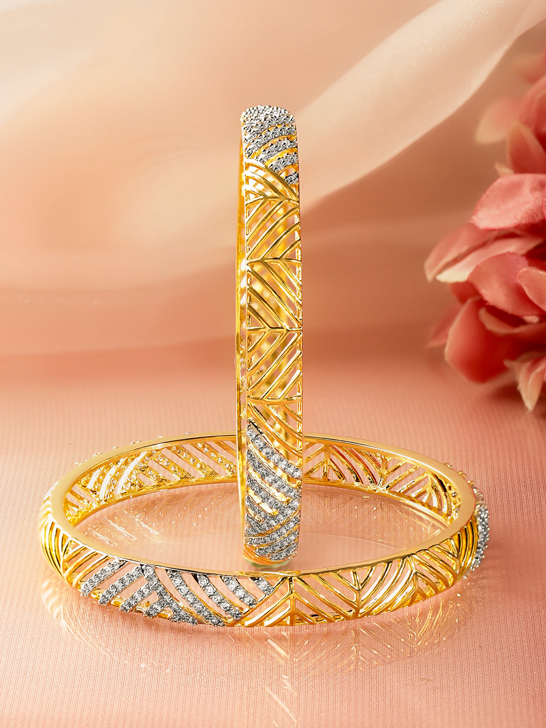 Rubans Set of 2 18K Gold-Plated Brass Cubic Zirconia Studded Cutwork Bangles