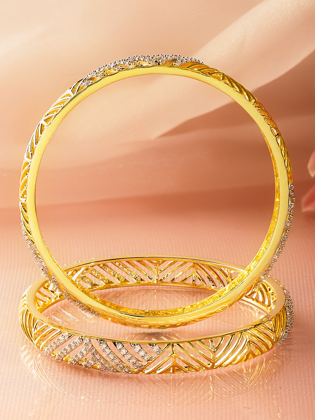 Rubans Set of 2 18K Gold-Plated Brass Cubic Zirconia Studded Cutwork Bangles