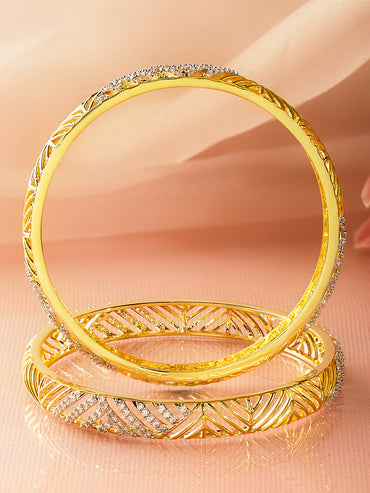 Rubans Set of 2 18K Gold-Plated Brass Cubic Zirconia Studded Cutwork Bangles
