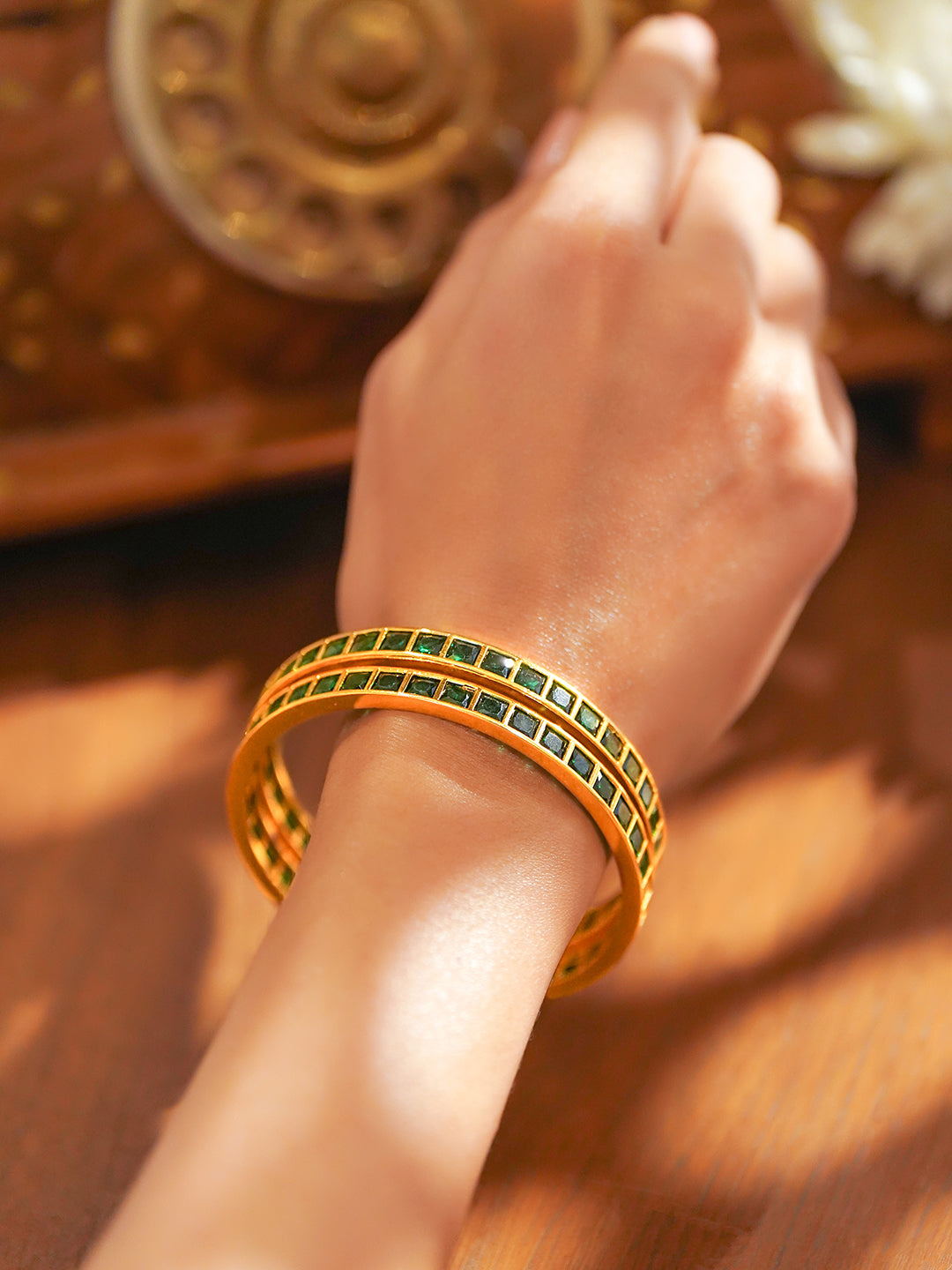 Rubans Set of 2 22K Gold-Plated Brass Emerald Green Cubic Zirconia Bangles