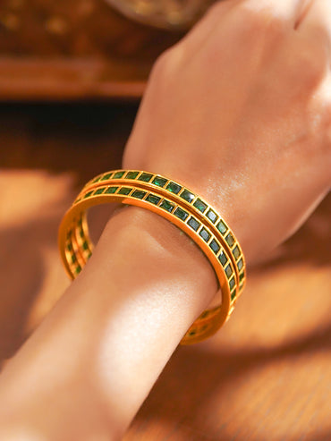 Rubans Set of 2 22K Gold-Plated Brass Emerald Green Cubic Zirconia Bangles