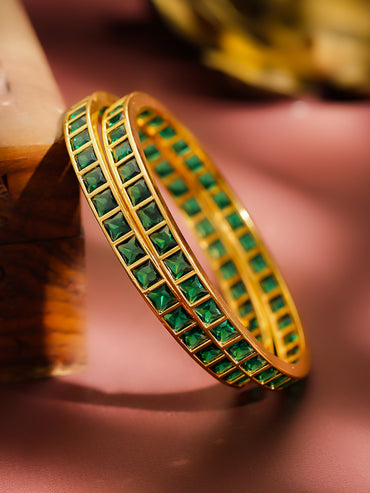 Rubans Set of 2 22K Gold-Plated Brass Emerald Green Cubic Zirconia Bangles