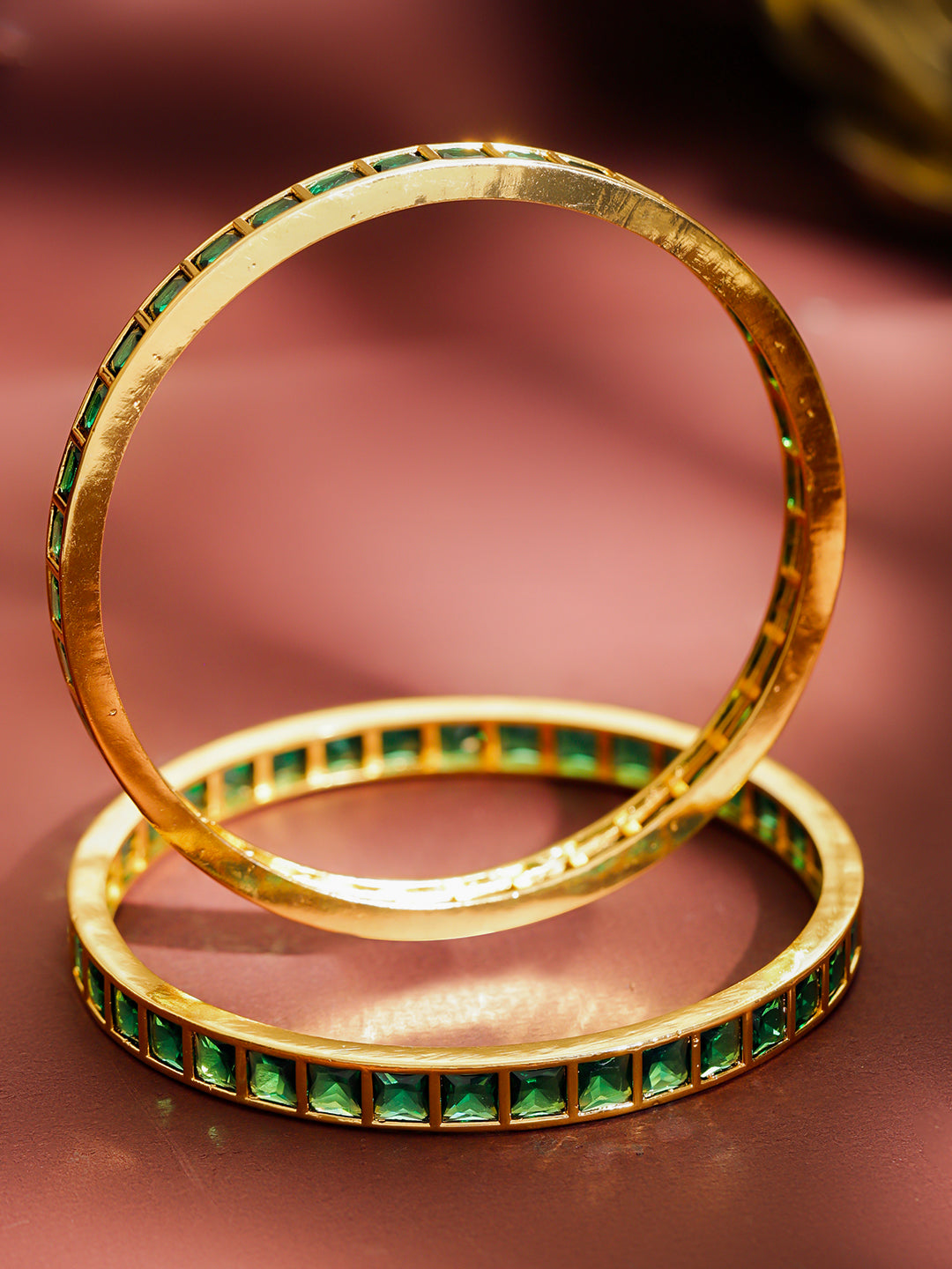 Rubans Set of 2 22K Gold-Plated Brass Emerald Green Cubic Zirconia Bangles