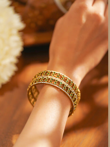 Set of 2 22K Gold-Plated Emerald Green & White Cubic Zirconia Designer Bangles